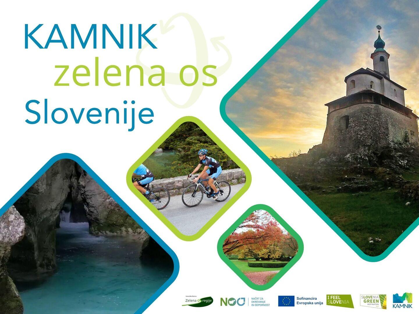Kamnik, Zelena os Slovenije, reklamni pano. Vključuje fotografijo Malega gradu, kolesarjev v dolini Kamniške Bistrice, reke Kamniške Bistrice v soteski Predaselj, Arboretum Volčji potok ter logotipe podpornikov projekta.
